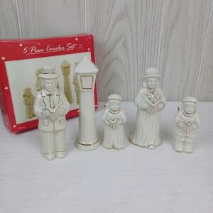 Vintage JCPenny 5 Piece Caroler Set Christmas Holiday w/ box Cream W/ Gold Trim